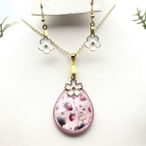 Pink Strawberry and White 3 Piece Jewelry Set - Handmade Resin
